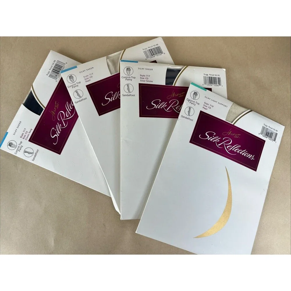 4 Pairs VTG NOS 1998 Hanes Silk Reflections Nylons Pantyhose Sz CD Style 717/719